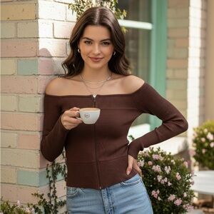 Chic Off-Shoulder Brown Sweater